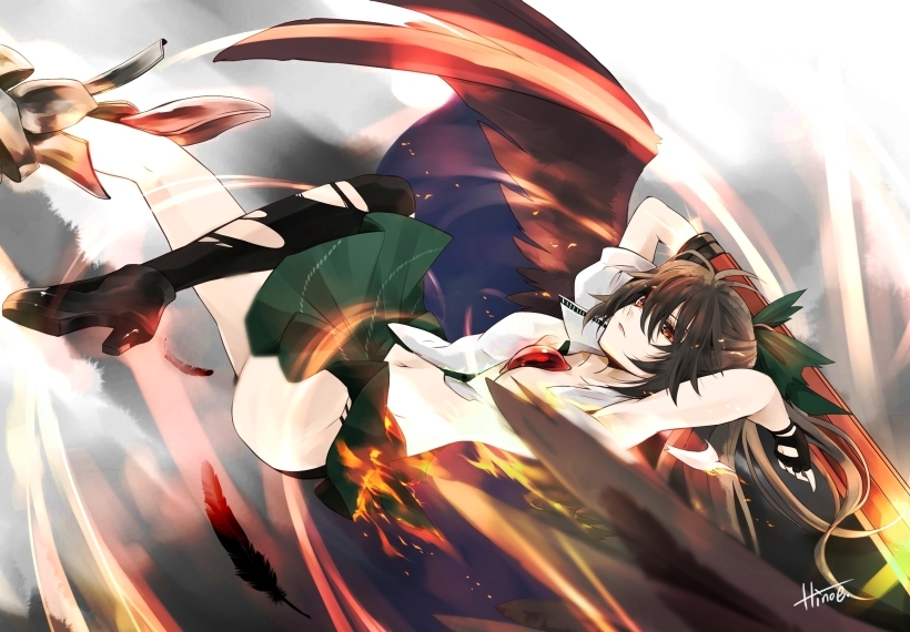 arm_cannon armpits arms_up banned_artist black_legwear black_wings brown_eyes brown_hair collarbone feathers fingerless_gloves gloves hino_mamori long_hair navel open_clothes reiuji_utsuho signature single_thighhigh solo thighhighs third_eye torn_clothes torn_legwear touhou weapon wings