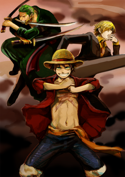 111132daiti 3boys black_hair blonde_hair cigarette dual_wielding fighting_stance formal green_hair hat male male_focus monkey_d_luffy mouth_hold multiple_boys one-eyed one_piece open_clothes open_shirt pixiv_thumbnail red_shirt resized robe roronoa_zoro sabaody_archipelago sanji sash scar shirt shorts smoking straw_hat suit sword trio triple_wielding weapon