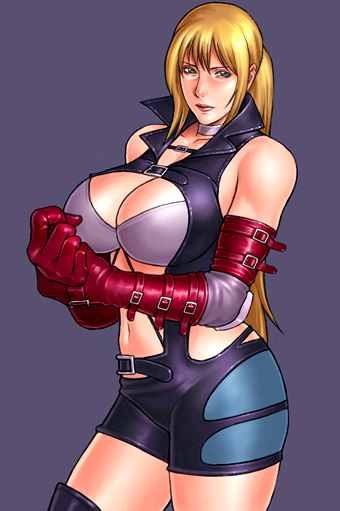 alternate_costume blonde_hair blue_eyes boots bra breasts choker cleavage death_by_degrees elbow_gloves gloves huge_breasts long_hair nina_williams ponytail solo takasugi_kou tekken thigh_boots thighhighs underwear