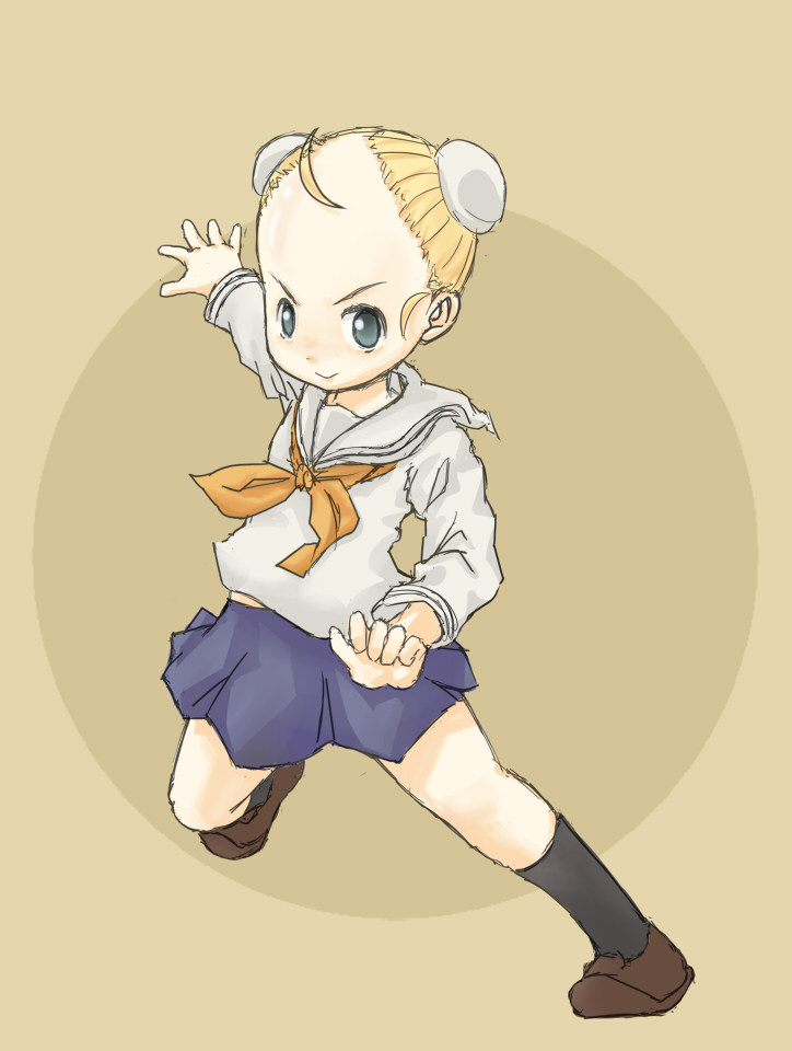 ahoge blonde_hair blue_eyes byou_tori cynthia_rou cynthia_the_mission double_bun forehead school_uniform serafuku short_hair simple_background socks solo