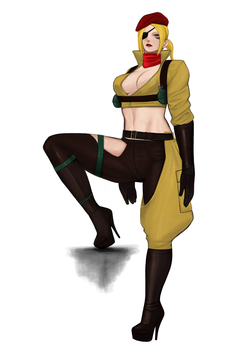 alternate_costume belt beret boots breasts cleavage cosplay crop_top elbow_gloves eyepatch facial_mark final_fight gloves half-closed_eyes hat high_heels highres komii large_breasts leg_up midriff military military_uniform navel nina_williams no_bra ponytail rolento rolento_(cosplay) scarf shoes solo street_fighter street_fighter_x_tekken tekken thigh_boots thigh_strap thighhighs uniform