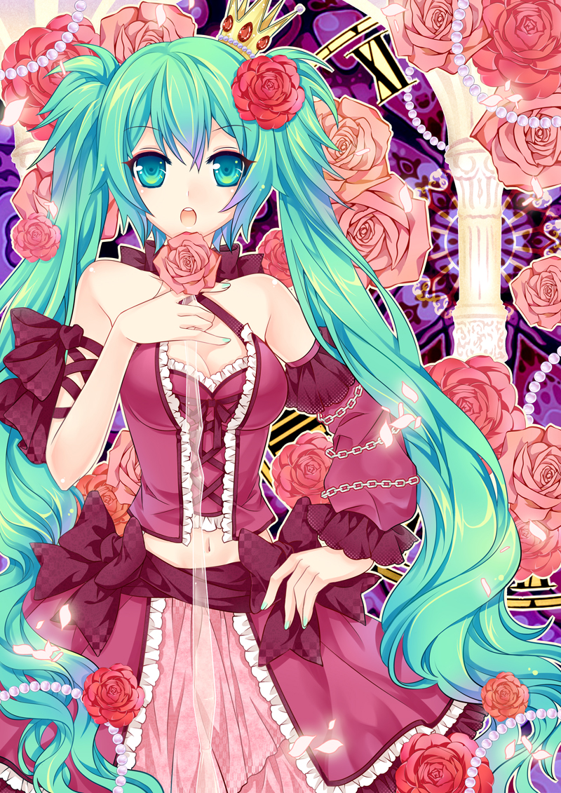 :o aqua_eyes aqua_hair chain corset crown flower frills hair_flower hair_ornament hand_on_hip hatsune_miku ling_tian_nailad long_hair midriff navel open_mouth project_diva_(series) project_diva_2nd romeo_to_cinderella_(vocaloid) rose solo twintails very_long_hair vintage_dress_(module) vocaloid
