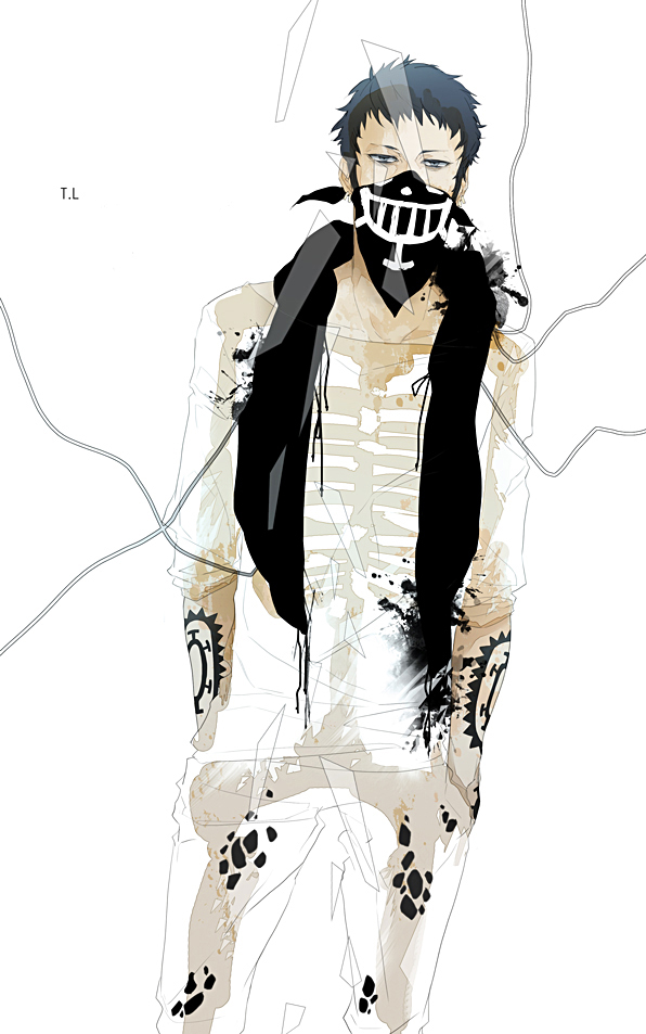 1boy bandanna blot broken_glass character_name glass hands_in_pockets initials jolly_roger male male_focus one_piece pirate ribcage ribs scarf skeletal_print skeletal_shirt skeleton solo splatter spot_color standing tattoo trafalgar_law white_background x-ray