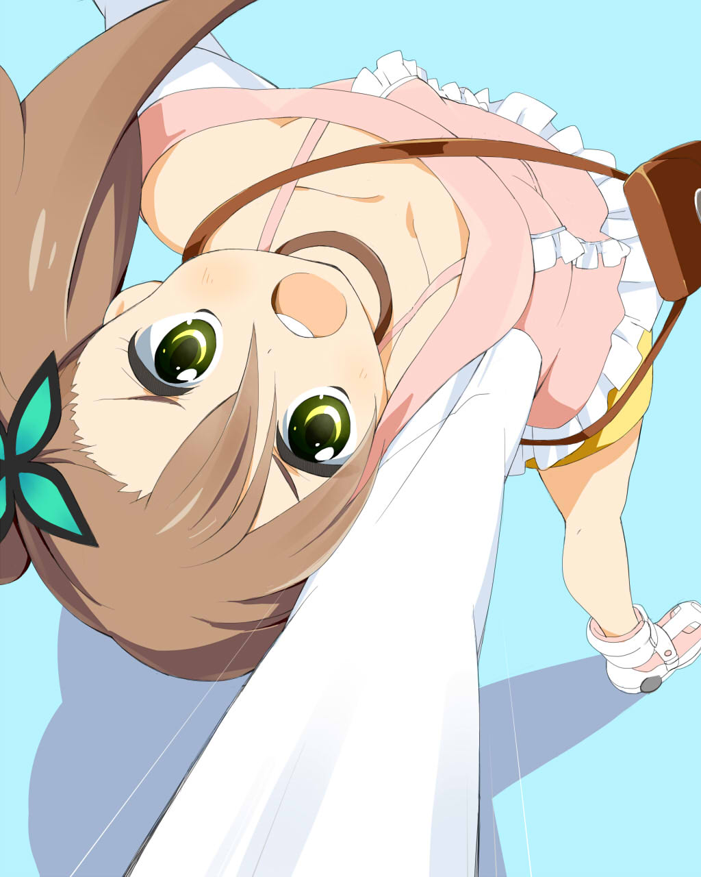 :o bag blue_background brown_hair butterfly_hair_ornament choker chousoku_henkei_gyrozetter collarbone green_eyes hair_ornament highres inaba_rinne long_hair looking_at_viewer open_mouth shoulder_bag side_ponytail solo upside-down wara_(warapro)