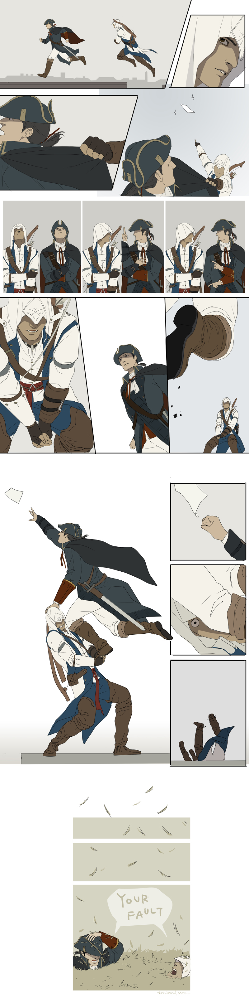 absurdres assassin's_creed_(series) assassin's_creed_iii belt black_hair bow_(weapon) brown_eyes cape comic connor_kenway failure father_and_son gameplay_mechanics gb_(doubleleaf) gesture gloves hat hay haytham_kenway highres hood long_image multiple_boys open_mouth paper pointing ponytail short_hair silent_comic sword tall_image tricorne weapon
