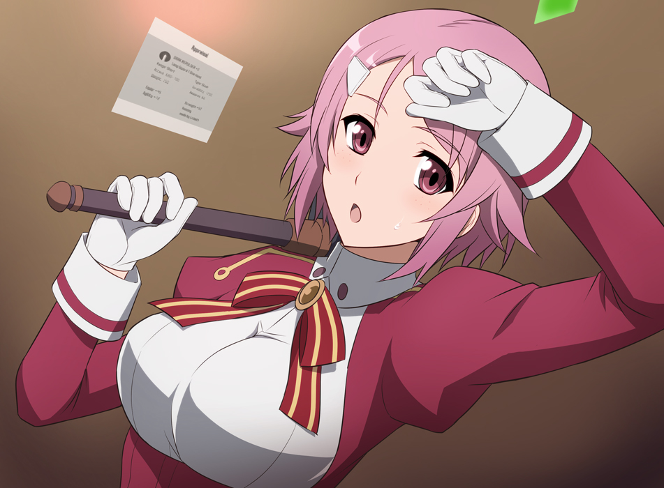 :o blush breasts gloves hammer holographic_monitor ishigaki_takashi large_breasts lisbeth open_mouth pink_eyes pink_hair short_hair solo sword_art_online