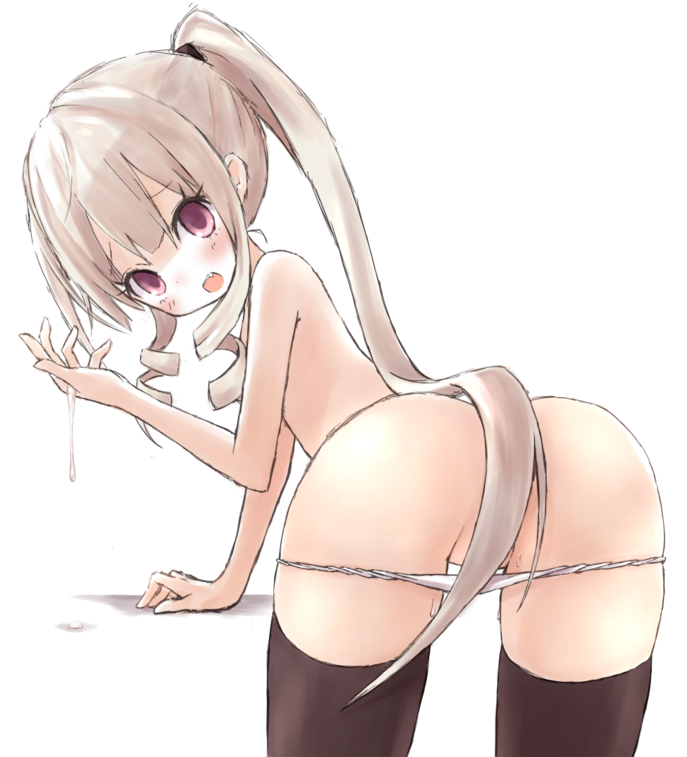 bad_id bad_pixiv_id blush buran_(kure) drill_hair flat_chest hair_censor long_hair looking_at_viewer open_mouth original simple_background solo suggestive_fluid thighhighs white_background