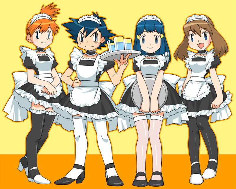 1boy 3girls crossdressing haruka_(pokemon) hikari_(pokemon) kasumi_(pokemon) maid multiple_girls pikachu pokemon pokemon_(anime) satoshi_(pokemon) takeshi_(pokemon) trap