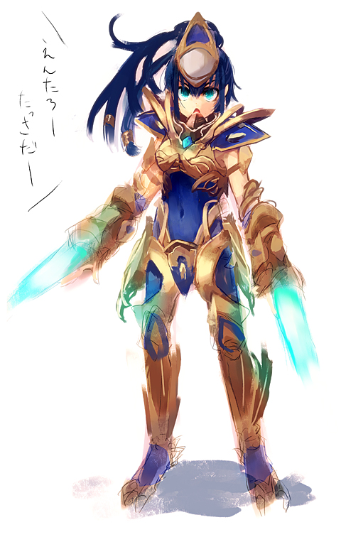armor breastplate covered_navel dual_wielding full_armor gauntlets helmet holding holding_sword holding_weapon looking_at_viewer personification protoss protoss_zealot simple_background solo standing starcraft sword ukyo_rst weapon white_background