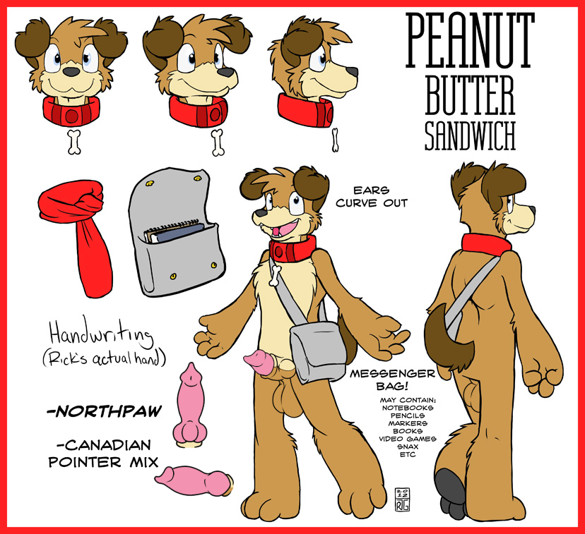 big_penis blue_eyes bone canine collar dog edit english_text erection housepets! knot knot_in_sheath male mammal model_sheet nude peanut_butter_(housepets!) penis rick_griffin satchel scarf sheath solo standing text webcomic