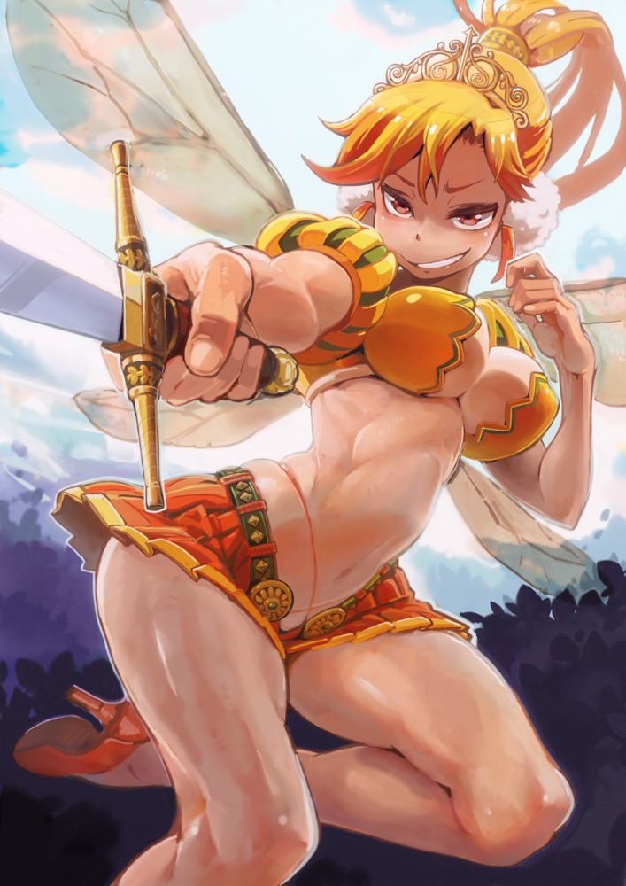 blonde_hair breasts cleavage day grin insect_wings kousaku large_breasts long_hair navel outdoors peter_pan_(disney) ponytail princess_royale skindentation smile smirk solo sword tiara tinker_bell_(disney) toned weapon wide_hips wings yellow_eyes