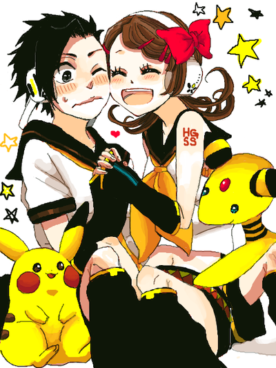 1boy 1girl cosplay gold_(pokemon) haru_urara kotone_(pokemon) pikachu pixiv_manga_sample pokemon pokemon_(game) pokemon_hgss vocaloid_(cosplay)