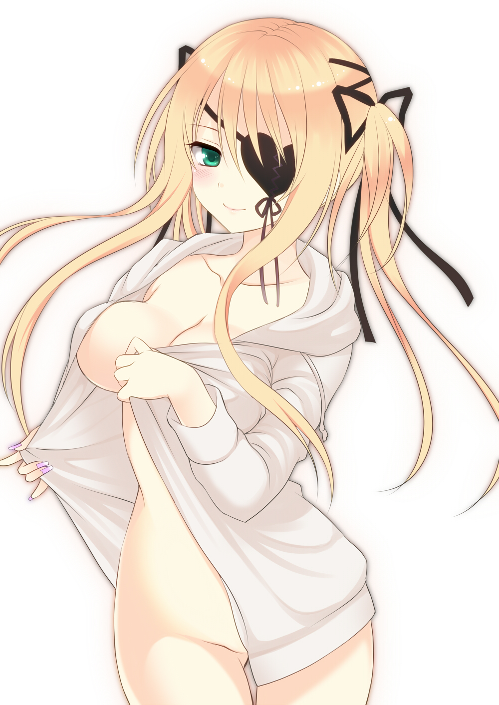 blonde_hair breasts collarbone eyepatch green_eyes groin hair_ribbon heart heart_eyepatch highres holding hood hoodie irina_e_tolstaya long_hair makita_maki medium_breasts nail_polish naked_hoodie open_clothes ribbon shinigami_no_testament simple_background smile solo twintails white_background