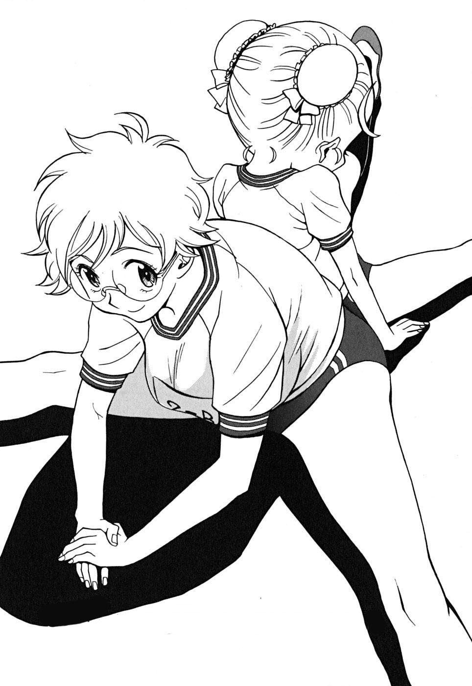 back-to-back breasts bun_cover buruma cynthia_rou cynthia_the_mission double_bun glasses greyscale gym_uniform highres huge_breasts monochrome multiple_girls shoes short_hair smile sneakers stretch takatou_rui takaya_kanae