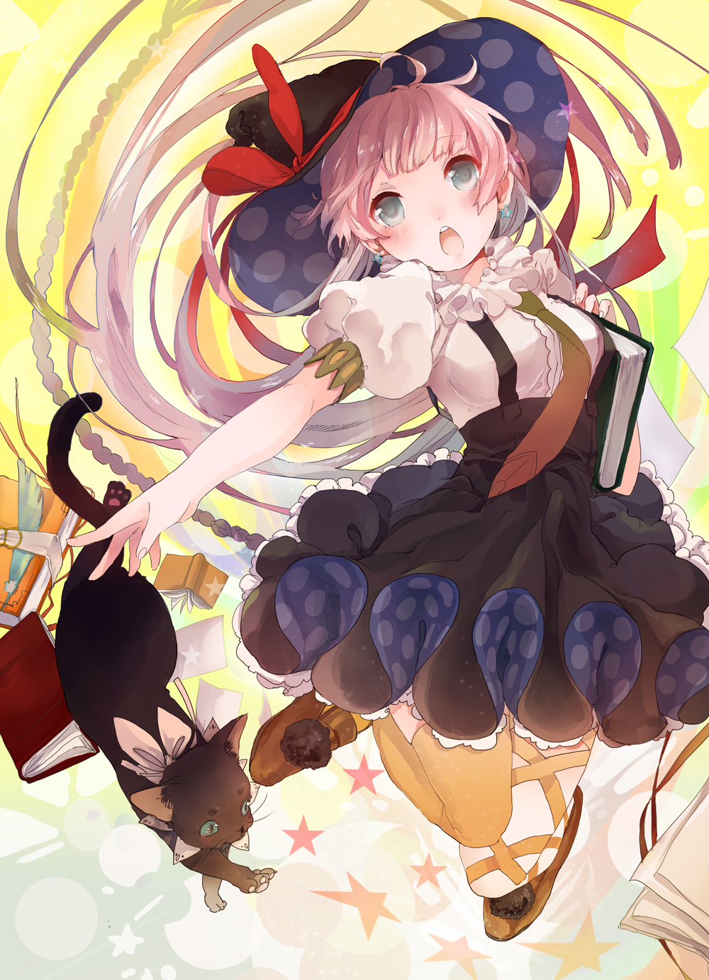 black_cat blush book brown_hair cat dress fly_(marguerite) hat highres holding holding_book necktie open_mouth original outstretched_arm puffy_sleeves short_hair silver_eyes single_thighhigh solo thighhighs yellow_legwear