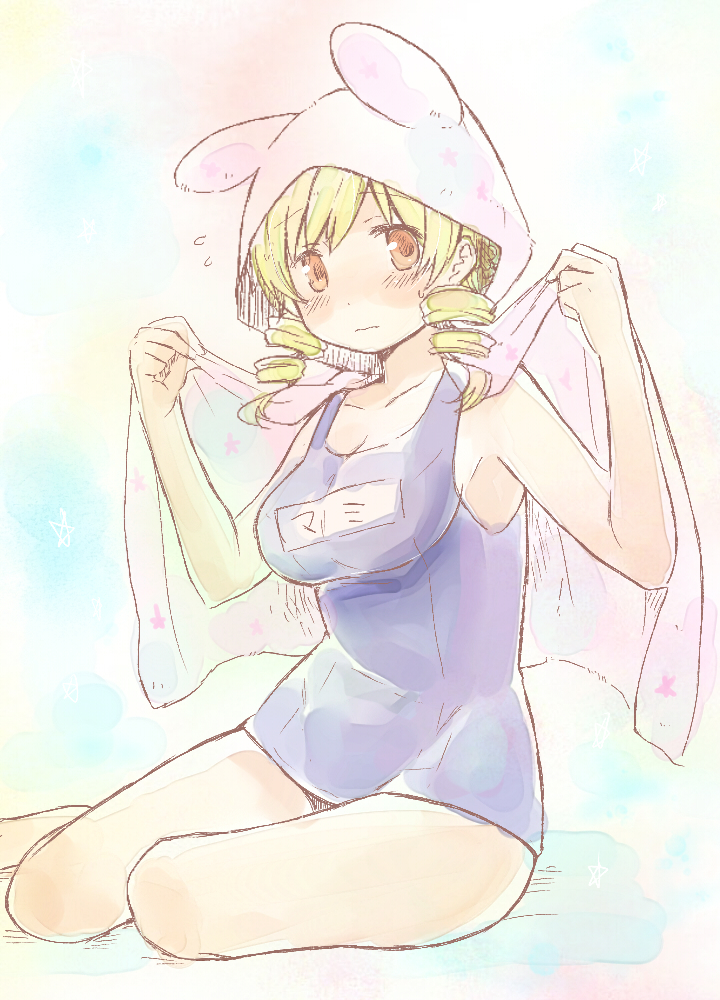 blonde_hair blush breasts drill_hair large_breasts mahou_shoujo_madoka_magica nori_senbei one-piece_swimsuit school_swimsuit solo swimsuit tomoe_mami twin_drills twintails