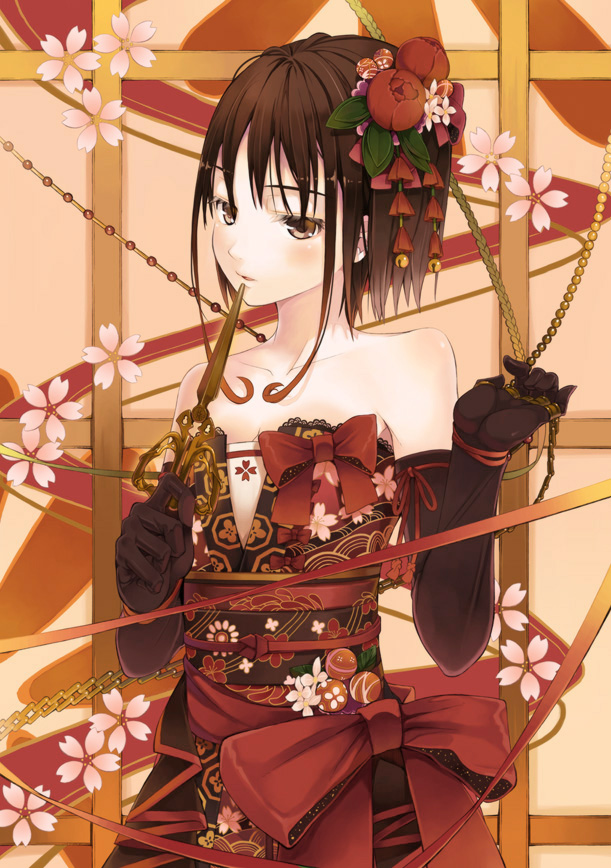 amamiya_chiharu bad_id bad_pixiv_id bangs bare_shoulders beads bell black_gloves black_hair blush bow brown_eyes collarbone elbow_gloves floral_print flower gloves gradient_hair hair_bell hair_flower hair_ornament holding jingle_bell letter_opener looking_away looking_to_the_side multicolored_hair nose original red_bow sash short_hair_with_long_locks solo
