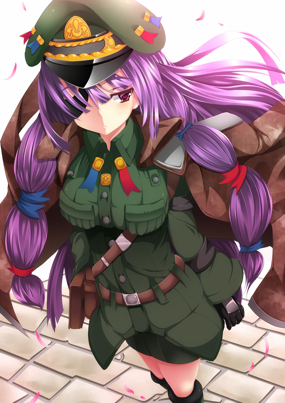 blush book boots bow breasts colorized eyepatch gloves goma_azarasi hair_bow hair_ribbon hat highres jacket large_breasts long_hair military military_uniform patchouli_knowledge purple_eyes purple_hair revision ribbon skirt solo sukage touhou uniform