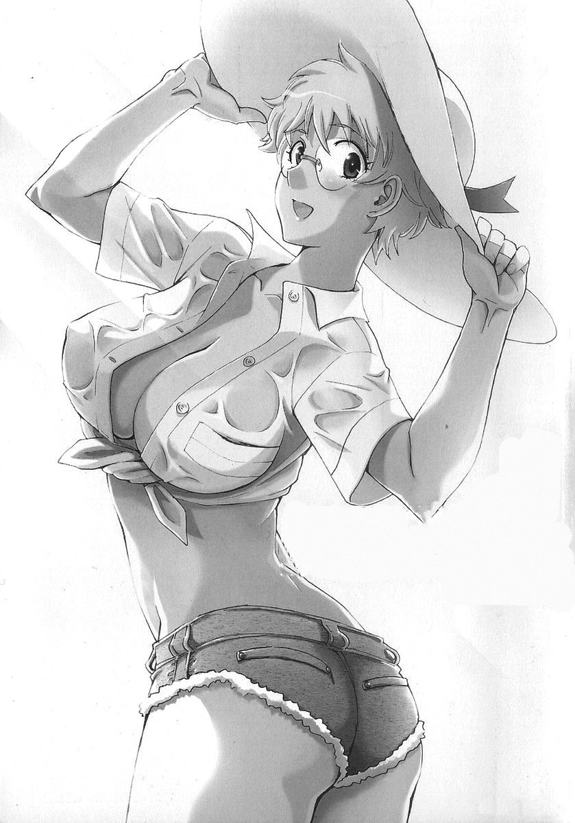 ass back breasts cleavage cutoffs cynthia_the_mission denim denim_shorts dress_shirt front-tie_top glasses greyscale hat highres large_breasts looking_back midriff monochrome no_bra open_clothes open_shirt shirt short_hair short_shorts shorts smile solo sun_hat takatou_rui takaya_kanae tied_shirt twisted_torso wet wet_clothes wet_shirt