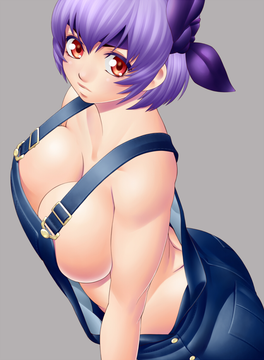 alternate_costume ayane_(doa) bow breasts cleavage dead_or_alive dimples_of_venus headband highres huge_breasts masato_(mk) naked_overalls no_bra no_panties overalls purple_hair red_eyes short_hair sideboob solo