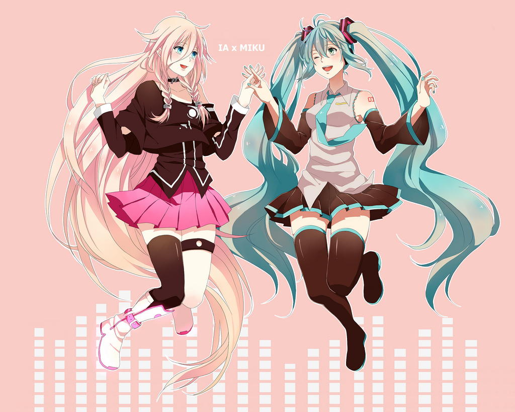 achu aqua_hair bad_id bad_pixiv_id blue_eyes boots character_name choker detached_sleeves green_eyes hatsune_miku holding_hands ia_(vocaloid) long_hair multiple_girls necktie one_eye_closed pink_hair skirt thigh_boots thighhighs twintails very_long_hair vocaloid