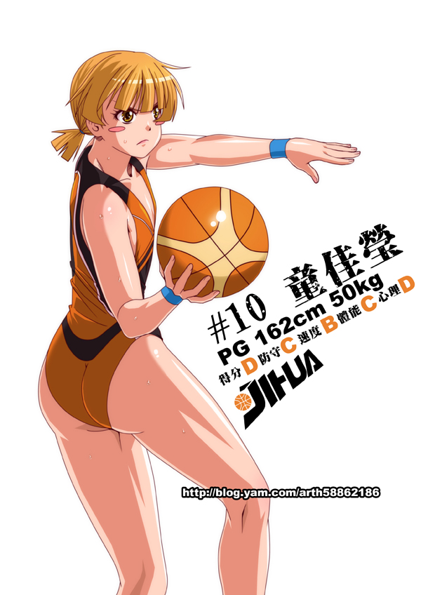 1girl ass basketball basketball_uniform blonde_hair blush blush_stickers breasts character_name cleavage flat_chest frown ge_xi holding leotard measurements original short_hair short_twintails simple_background solo sportswear twintails watermark web_address white_background yellow_eyes