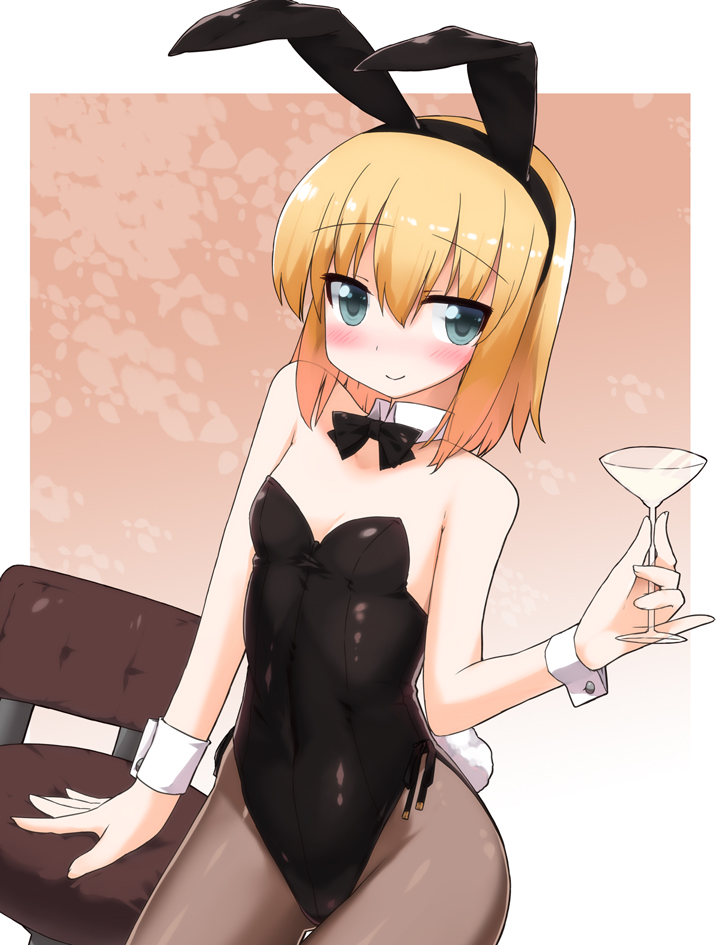 animal_ears bare_shoulders blonde_hair blue_eyes blush bow bowtie bunny_ears bunny_tail bunnysuit chair detached_collar flat_chest goblet kt2 original pantyhose short_hair smile tail wrist_cuffs