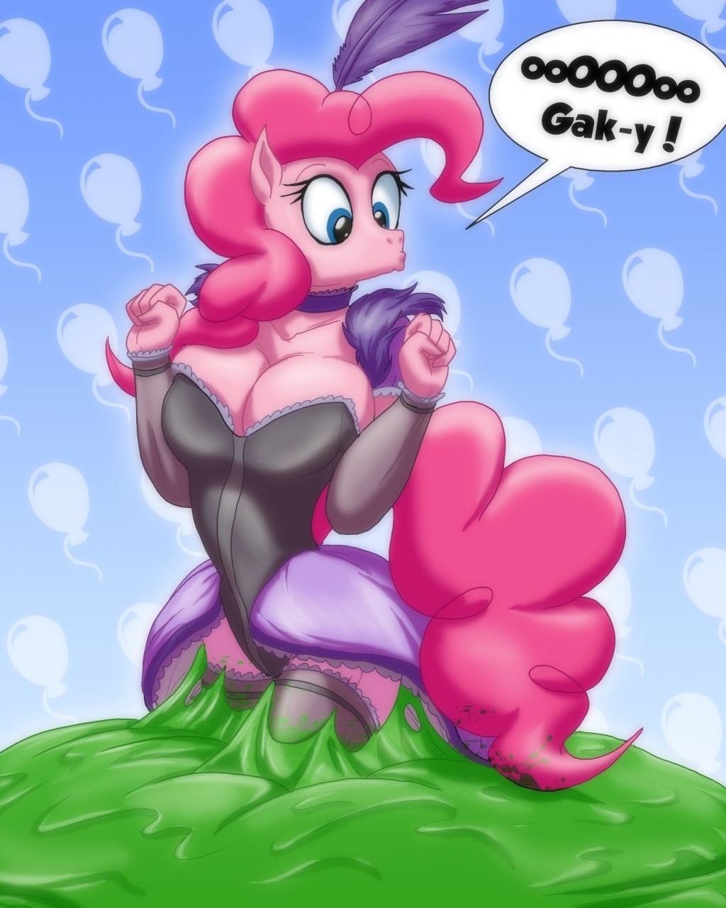2012 anthro anthrofied balloons big_breasts blue_eyes breasts cleavage clothed clothing equine feather female friendship_is_magic fur gak goo hair horse mammal my_little_pony pink_fur pink_hair pinkie_pie_(mlp) pony solo text toughset