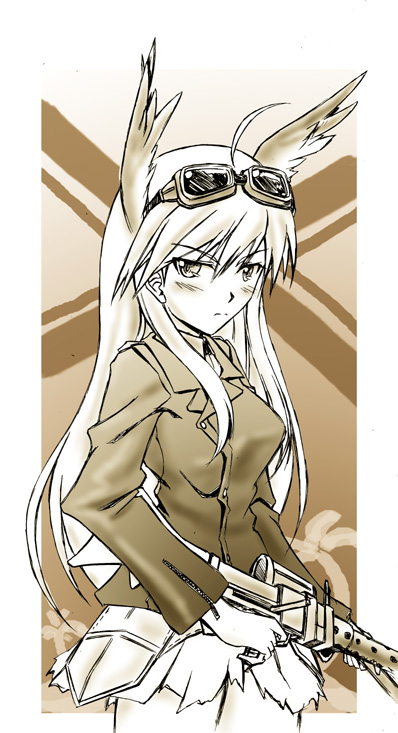 animal_ears blush goggles goggles_on_head gun hanna-justina_marseille long_hair masana_hatuse monochrome solo strike_witches weapon world_witches_series