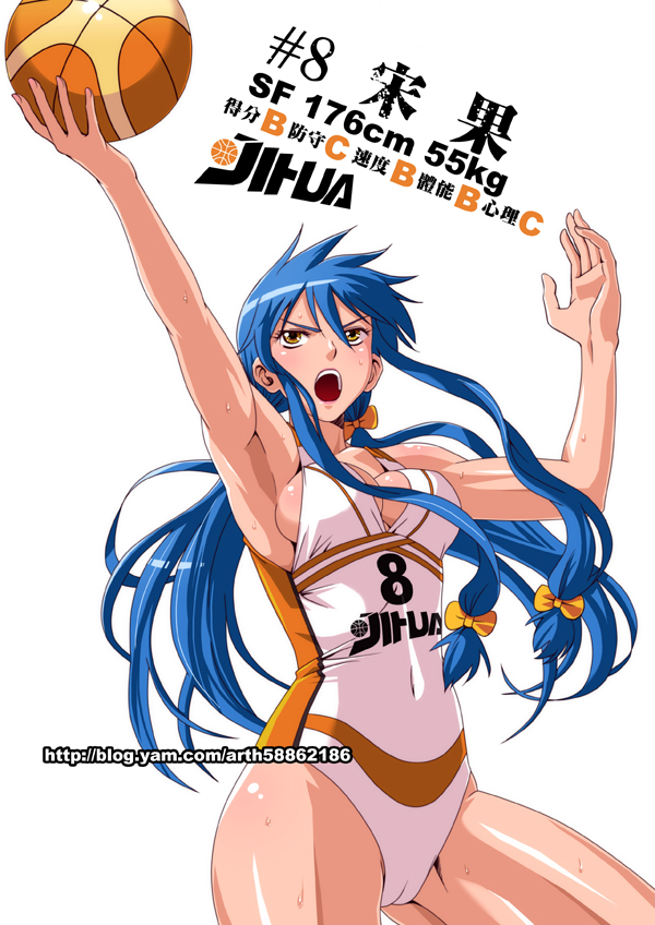 1girl basketball basketball_uniform blue_hair blush bow breasts brown_eyes character_name cleavage clothed_navel english female ge_xi gou_song_(ge_xi) hair_bow jumping leotard long_hair measurements navel open_mouth original simple_background solo sportswear twintails very_long_hair watermark web_address white_background
