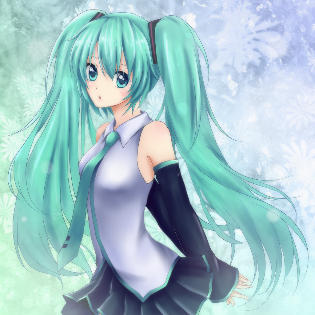 bad_id bad_pixiv_id colorized detached_sleeves fork_(planetarium) green_eyes green_hair hatsune_miku hinase_kanoto long_hair necktie open_mouth skirt solo twintails vocaloid
