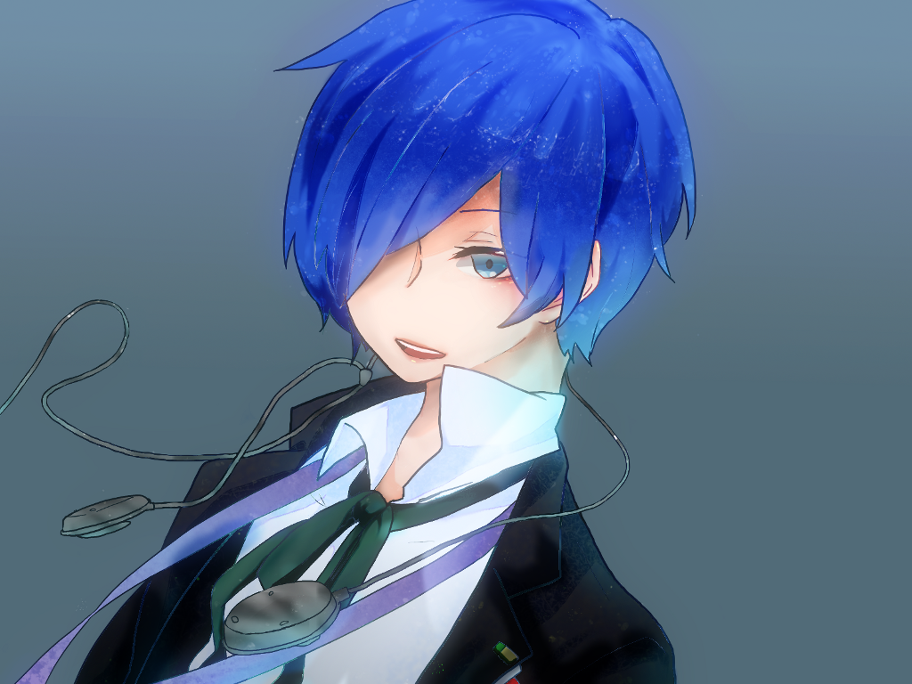 akira_(yurilove21) blue_eyes blue_hair bow hair_over_one_eye headphones male_focus persona persona_3 ribbon school_uniform smile solo yuuki_makoto