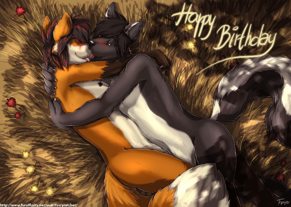 blush canine embracing field fox furryratchet gay happy_birthday hybrid kissing love male mammal nanabi_ashiro nanabi_kitsune skunk skwolf wolf