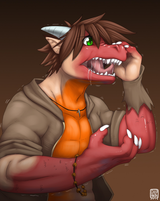 biceps body bracelet brown_hair claws clothing dorns dragon drooling eyes fangs gillpanda green_eyes hair horn human jewelry male mammal muscles necklace open_mouth open_shirt orange_skin pecs red_skin reptile ripped saliva scales scalie shirt solo teeth tongue torn_clothing transformation