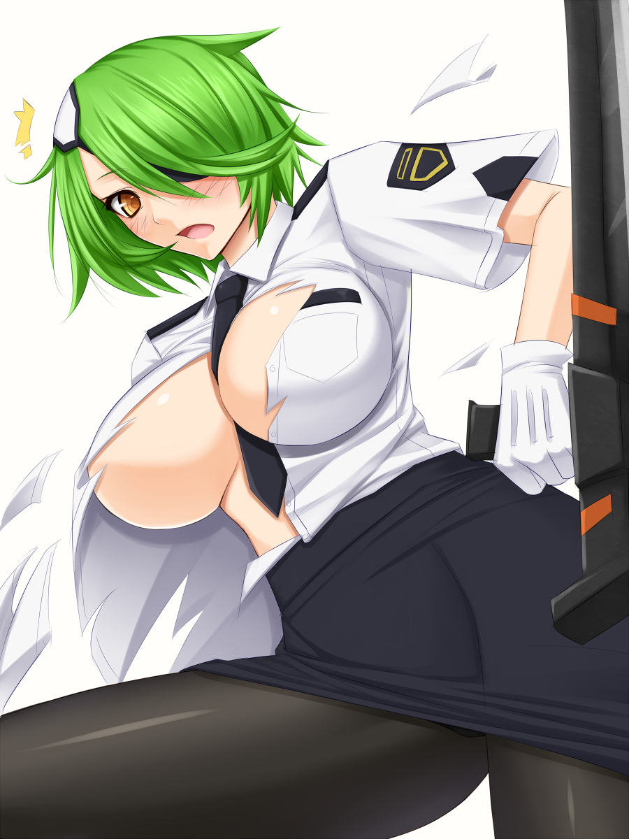 1girl :o blush breasts green_hair highres holding large_breasts looking_at_viewer necktie otonashi_kiruko panties panties_under_pantyhose pantyhose pencil_skirt police shinmai_fukei_kiruko-san short_hair shuugetsu_karasu skirt solo torn_clothes underwear uniform yellow_eyes