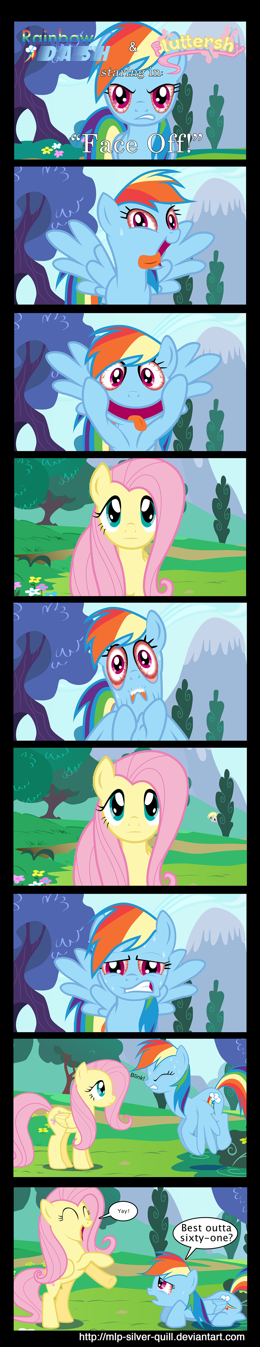blonde_hair bloodshot_eyes blue_eyes blue_fur comic cutie_mark derpy_hooves_(mlp) dialog dialogue duo english_text equine female feral flower fluttershy_(mlp) friendship_is_magic fur grass grey_fur hair horse mammal mlp-silver-quill multi-colored_hair my_little_pony outside pegasus pink_hair pony purple_eyes rainbow_dash_(mlp) rainbow_hair sky text tongue tongue_out tree wings yellow_fur