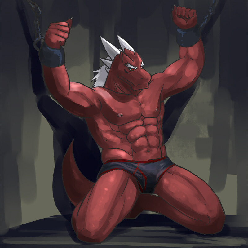 anthro biceps big_muscles bound briefs bulge chain chained clothed clothing cuffs dragon fur hair half-dressed horn kneeling male muscles nipples pecs red_dragon red_eyes red_skin scales scalie solo topless underwear white_fur white_hair