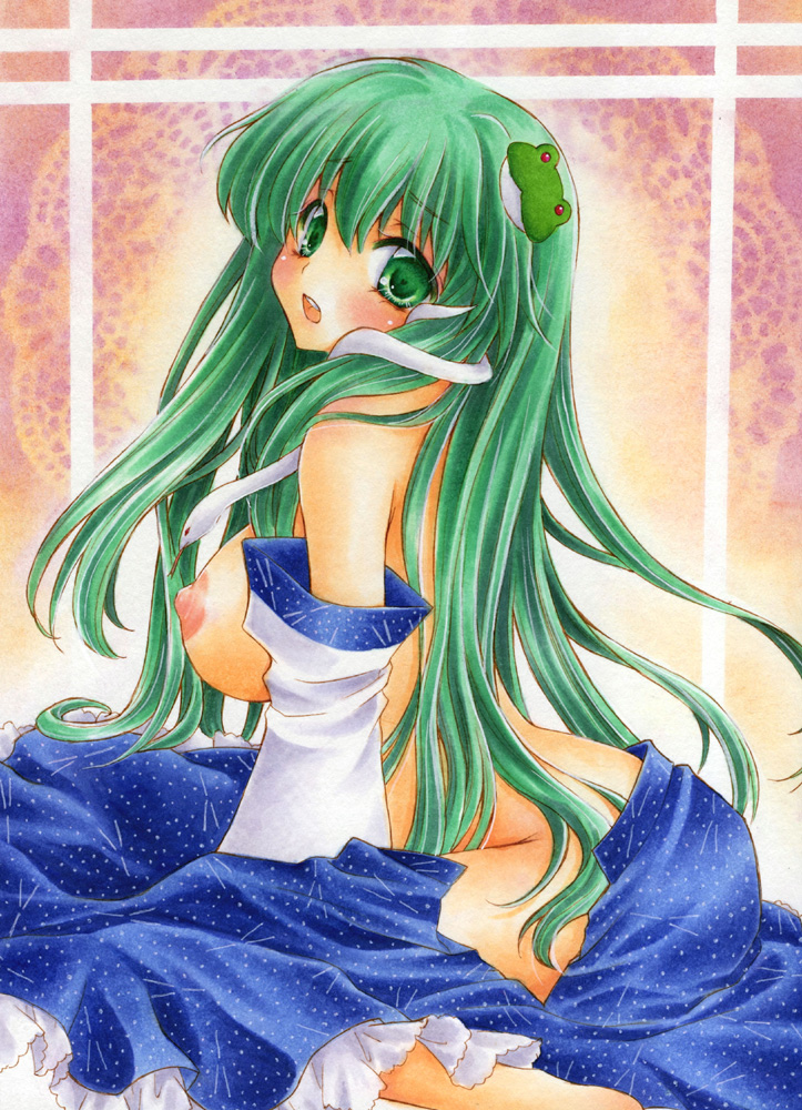aoi_yuuka_(ao_no_kokoro) blush breasts green_eyes green_hair kochiya_sanae large_breasts nipples solo touhou
