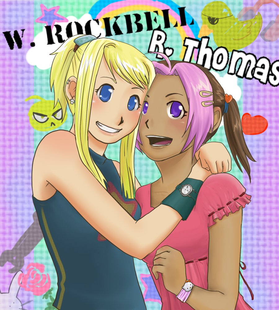 2girls blonde_hair blue_eyes dark_skin fullmetal_alchemist long_hair multicolored_hair multiple_girls purple_eyes rose_thomas two-tone_hair winry_rockbell