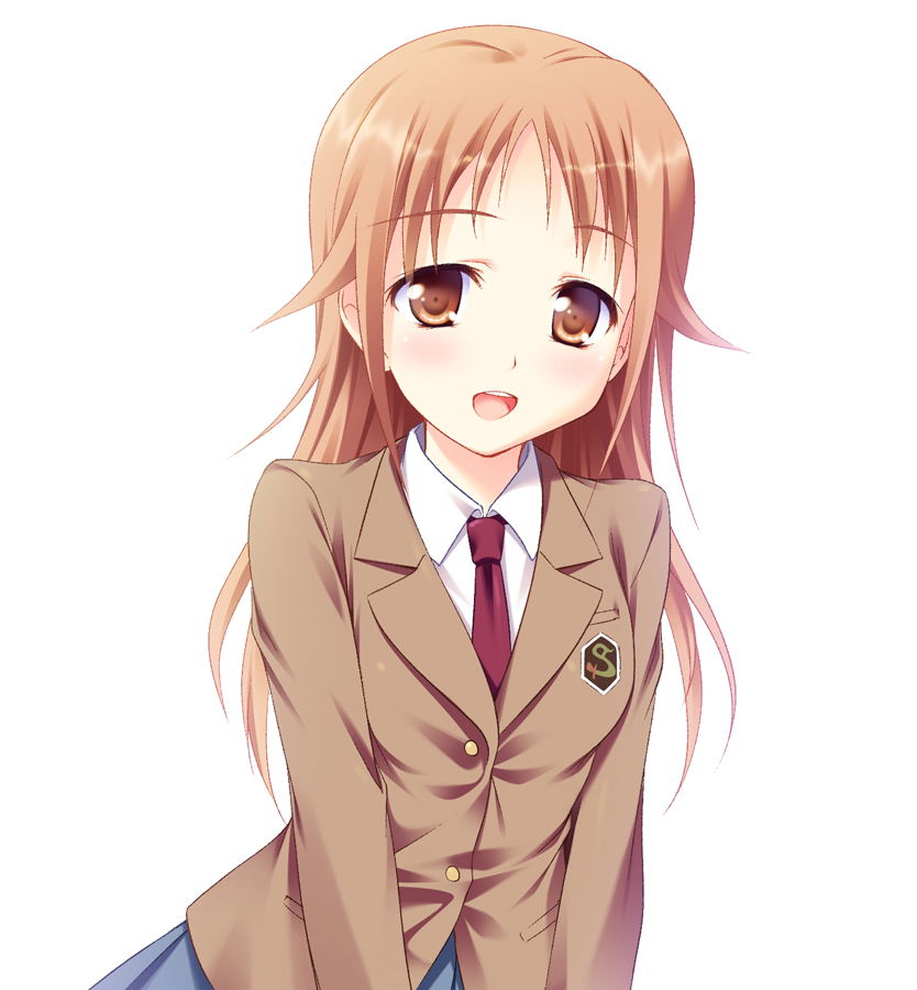 blazer blush brown_eyes brown_hair jacket long_hair looking_at_viewer miyamoto_konatsu necktie open_mouth school_uniform simple_background solo tari_tari white_background yuurei_yashiki