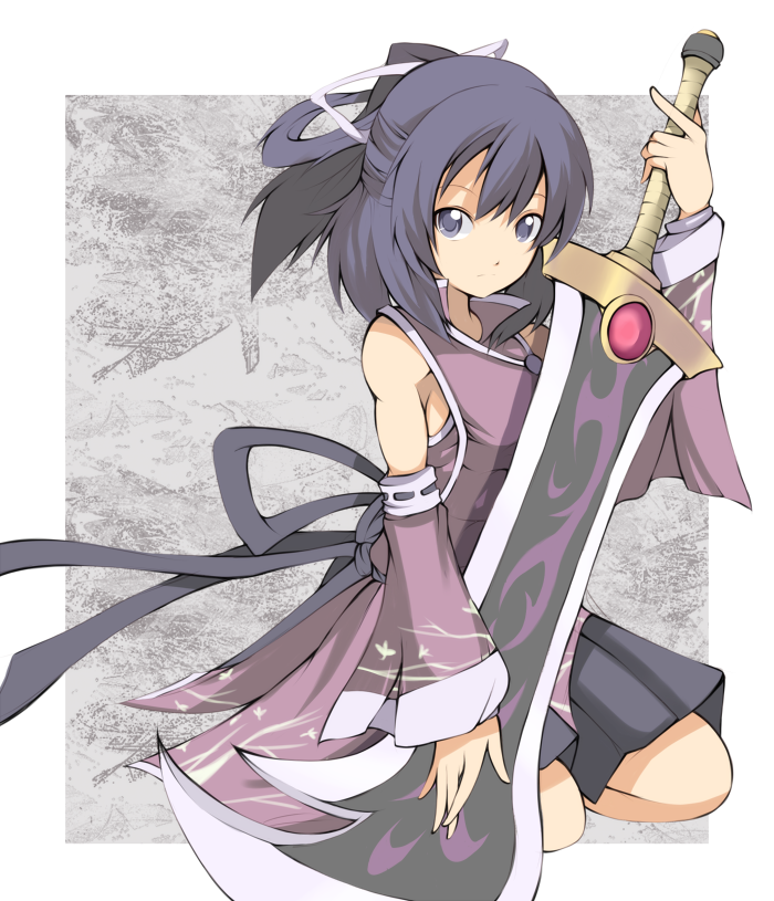 ao_no_kiseki bad_id bad_pixiv_id detached_sleeves eiyuu_densetsu expressionless full_body grey_background half_updo kanten_(kanten328) kneeling left-handed purple_eyes purple_hair rixia_mao short_hair skirt solo sword weapon