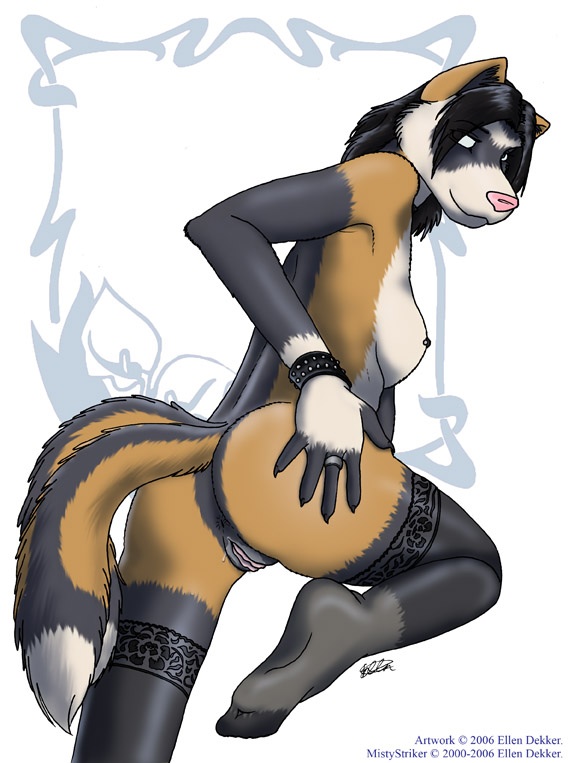 anthro anus breasts butt canine ellen_dekker female hindpaw invalid_tag legwear looking_at_viewer looking_back mammal mistystriker multiple_tails nipples nude panties pantyhose paws pussy ring side_boob solo stockings underwear wristband