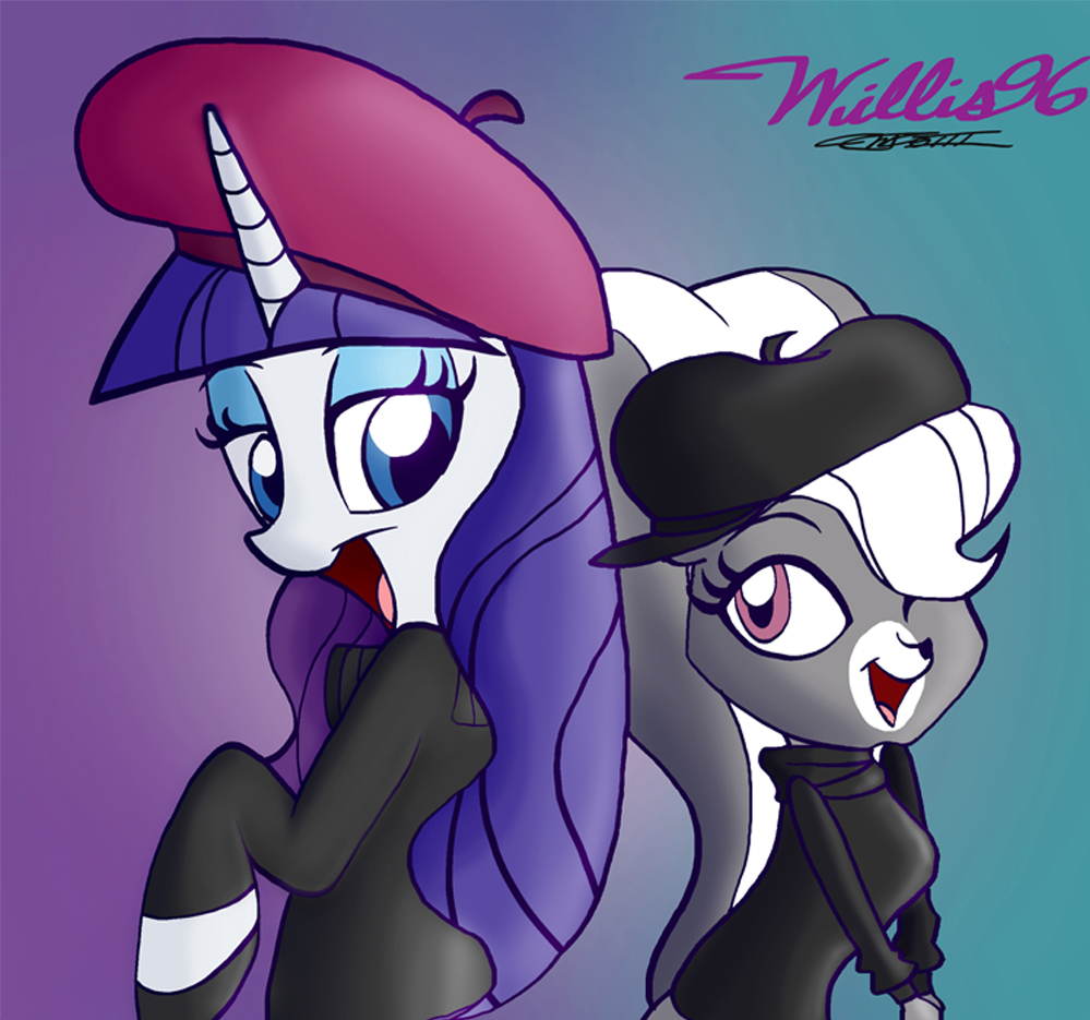 beret blue_eyes canine clothing dog duo english_text equine eyeshadow female feral friendship_is_magic hair half-closed_eyes hat horn horse littlest_pet_shop makeup mammal my_little_pony pepper_clark pink_eyes pony purple_hair rarity_(mlp) sweater text unicorn white_hair willis96