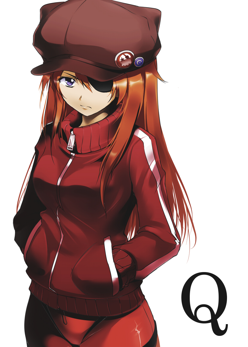 animal_hat badge blue_eyes brown_hair cat_hat evangelion:_3.0_you_can_(not)_redo eyepatch hands_in_pockets hat jacket long_hair looking_at_viewer mocchi neon_genesis_evangelion rebuild_of_evangelion shikinami_asuka_langley simple_background solo souryuu_asuka_langley track_jacket white_background