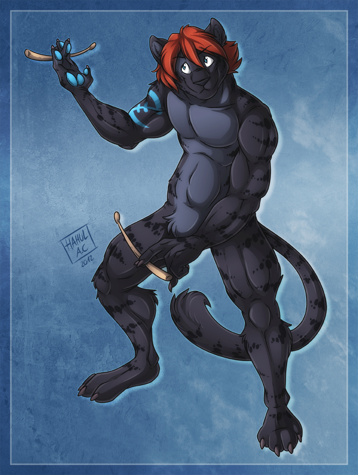 biceps black_fur black_nose blue_eyes claws feline grey_fur hahul hair male muscles nude panther pawpads pecs red_hair smile solo