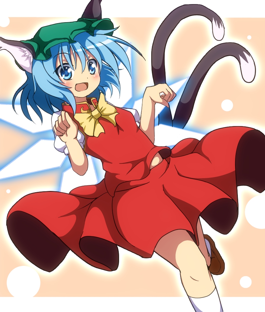 animal_ears blue_eyes blue_hair blush bow cat_ears cat_tail chen chen_(cosplay) cirno cosplay do_(4-rt) hat kemonomimi_mode loafers looking_at_viewer multiple_tails nekomata open_mouth paw_pose shirt shoes skirt skirt_set smile solo standing standing_on_one_leg tail touhou wings