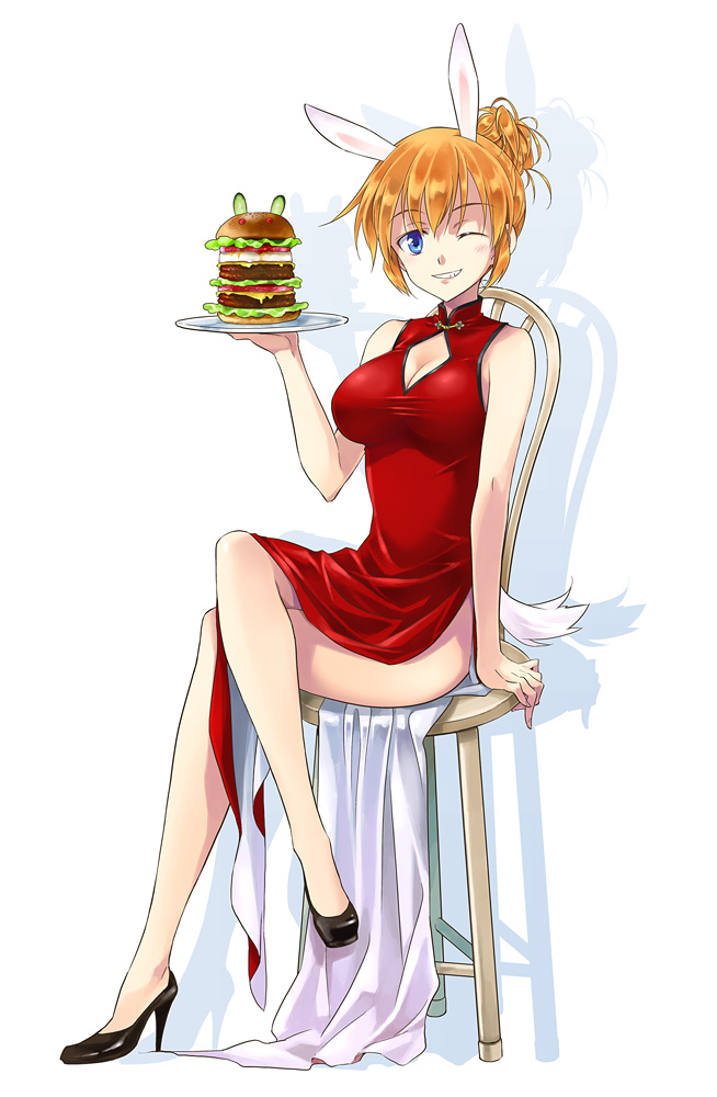agahari animal_ears blue_eyes blush breasts bunny_ears bunny_tail chair charlotte_e_yeager china_dress chinese_clothes cleavage cleavage_cutout crossed_legs dress food grin hair_up hamburger high_heels large_breasts one_eye_closed orange_hair shoes sitting smile solo strike_witches tail tray world_witches_series