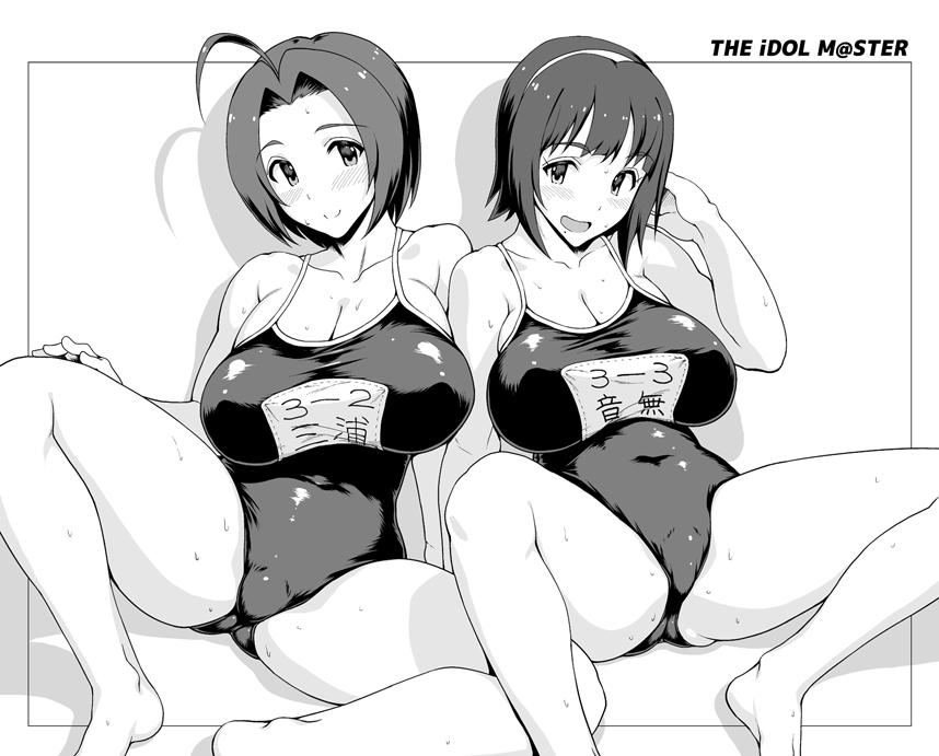 ahoge blush breasts curvy fat_mons greyscale hairband huge_breasts idolmaster idolmaster_(classic) miura_azusa mole mole_under_mouth monochrome multiple_girls one-piece_swimsuit otonashi_kotori school_swimsuit short_hair spread_legs sweat swimsuit yn_red