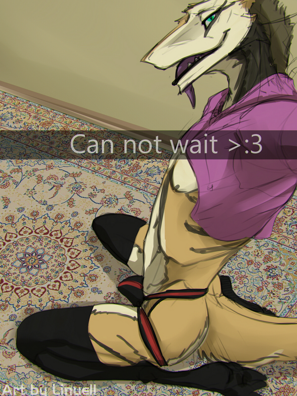 2018 anthro bulge butt camera_view clothed clothing digital_media_(artwork) english_text erection feet fur hair jockstrap legwear linuell linuell_s'eleross looking_at_viewer male meme open_mouth selfie sergal simple_background smile snapchat solo stockings sweater text thigh_highs tongue twitter_hoodie underwear
