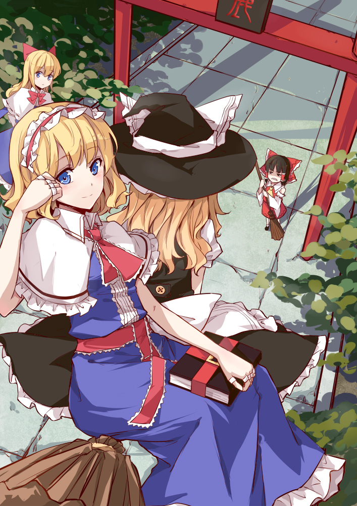 alice_margatroid annoyed black_hair blonde_hair blue_eyes book bow broom broom_riding capelet detached_sleeves dress from_behind hair_bow hairband hakurei_reimu hat hat_bow jewelry kirisame_marisa long_hair multiple_girls multiple_riders ring sash shanghai_doll short_hair sidesaddle sindre smile torii touhou white_bow witch_hat